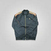 Dark green jacket with colorful accents on a light gray background